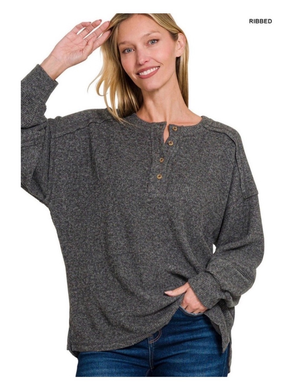 Zenana Outfitters Ribbed Henley Sweatshirt - Heather Gray - Picture 2 of 3